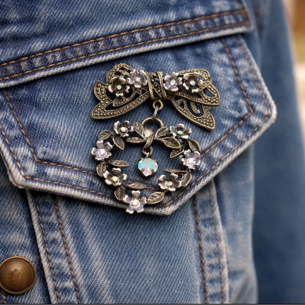 Vintage Bow Heart Brooch Floral Rhinestone Cottagecore Romantic Pin